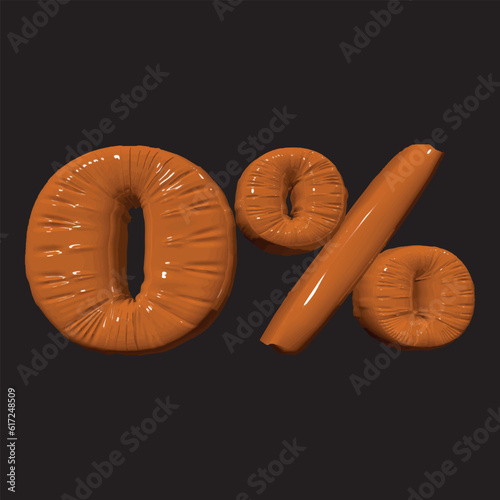 Inflated plastic square illustration of volumetric glossy deformed 3D render of orange number 0 percent on white gradient background. Balloon metallic number. Beautiful volumetric number for