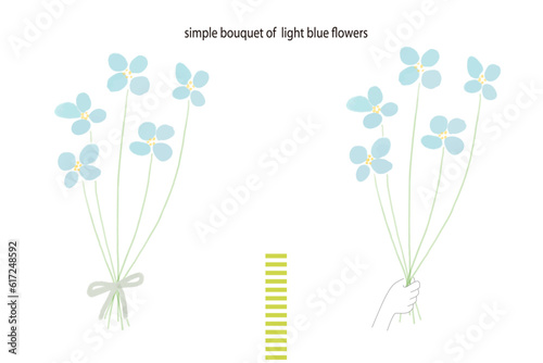 水色の花のシンプルな花束、手に持ったものとリボンのセット