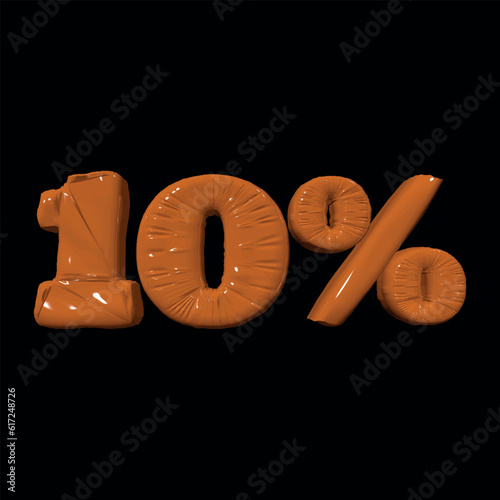 Inflated plastic square illustration of volumetric glossy deformed 3D render of orange number 10 percent on black background. Balloon metallic number. Beautiful volumetric number for advertising