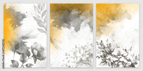 watercolor gold texture and floral wedding invitation vector set. Luxury background and template layout design for invite card, luxury invitation card and cover template.