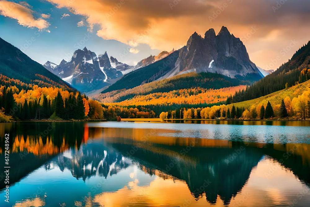 A tranquil lake landscape nestled within a serene valley, surrounded by majestic mountains