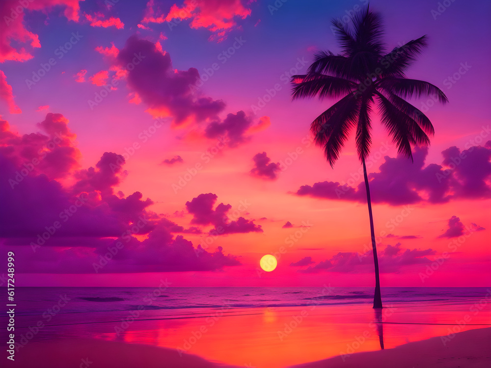 Serene beach at sunset with palm trees, generative ai