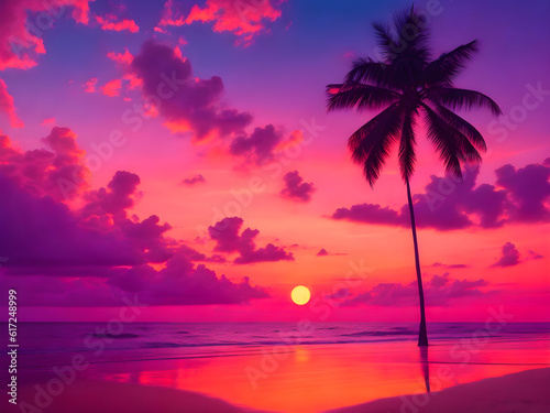 Serene beach at sunset with palm trees, generative ai © Nisit