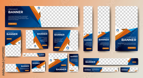 Professional business web ad banner template with photo place. Modern layout white background and Vivid red shape and text design