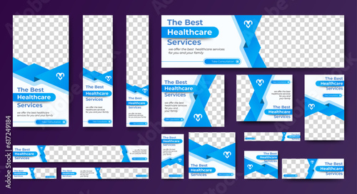 Healthcare Service web ad banner template design with blue and white background. vector