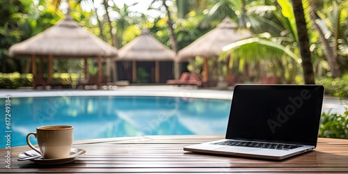 Work by the poolside. With laptop on wooden table. Technology and business for work where notebook opens up view to relax holiday. Lifestyle, travel, and digital freelancing by cup of coffee © Bussakon