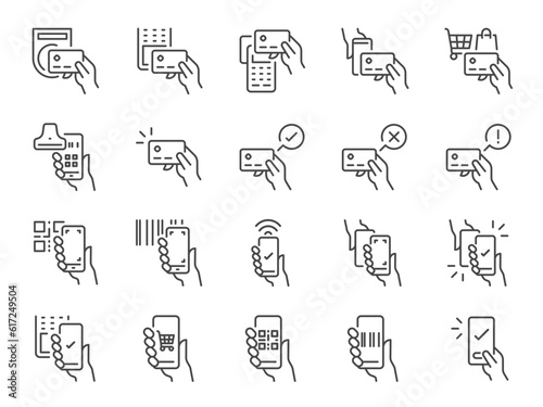 Cashless payment icon set. It included credit card, debit card, mobile app, scan, and more icons. Editable Vector Stroke.
