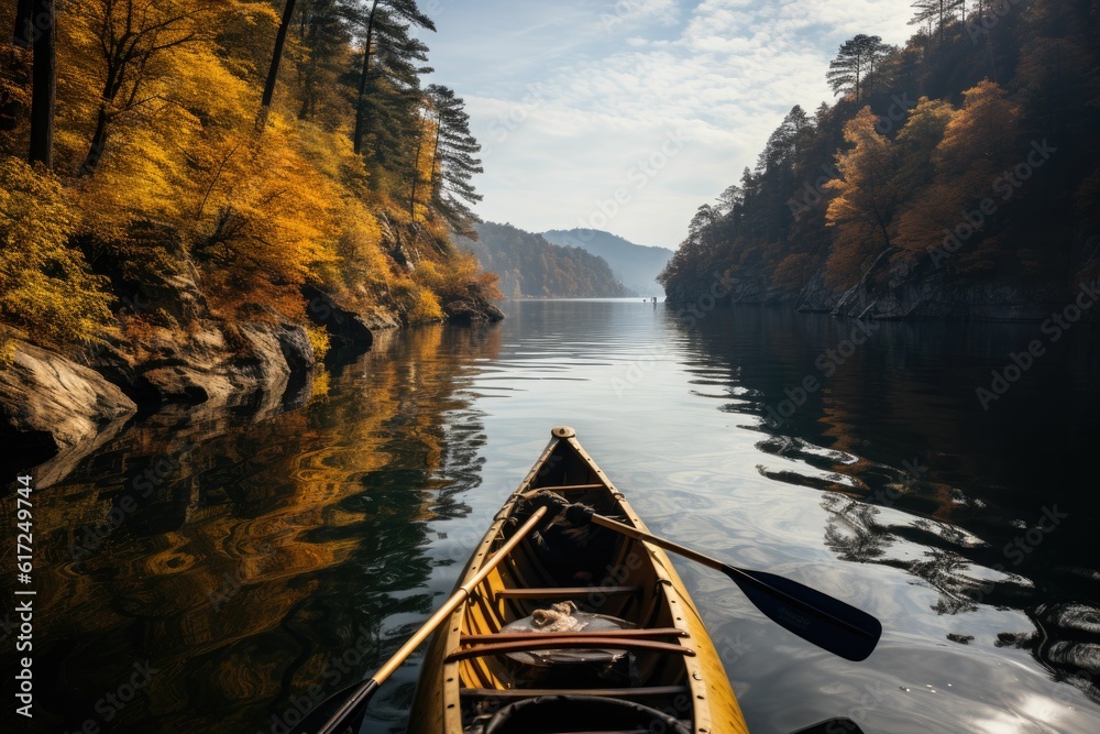 Fototapeta premium kayak sailing down a river on autumn
