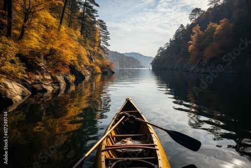 kayak sailing down a river on autumn