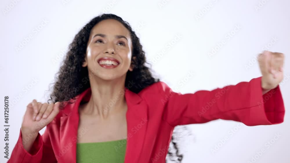 Dance, happy and young woman in studio with music, playlist or album for celebration or goal. Happiness, smile and female model dancing to a song to celebrate achievement isolated by white background