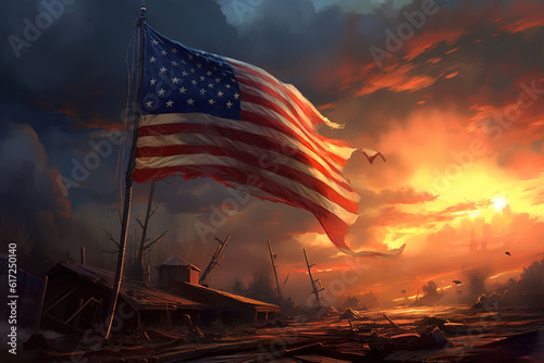 Shabby American flag waving in the wind in an abandoned, ruined countryside at sunset, illustration