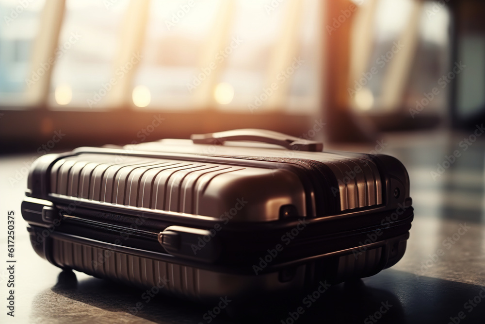 Suitcase at the airport on the floor, forgotten luggage close-up Suitcase at the airport on the floor, forgotten luggage close-up