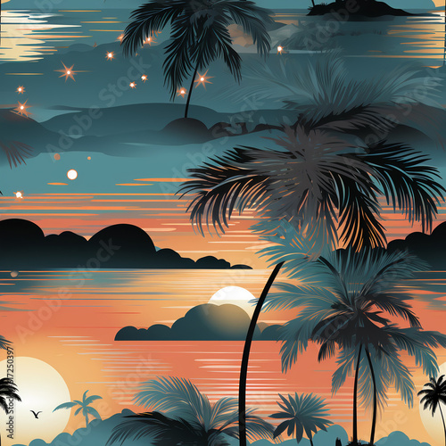 background with palm trees and stars, seamless pattern, Ai generative