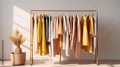 A rack of full clothes on hanger again white wall background created with Generative AI photo