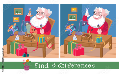 Find 8 differences. Game for children. Cute Santa Claus makes gifts. Christmas workshop with furniture, objects. Vector cartoon illustration. 
