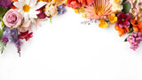 Different colorful flower frame on white background top view lay flat created with Generative AI