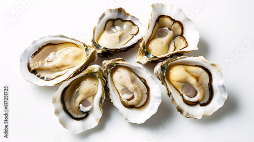 Fresh oysters with ice on a plate on isolate white background created with Generative AI