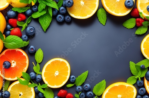 Summer themed background featuring refreshing lemon fruits  juicy oranges  vibrant blueberries  and fresh mint leaves  perfect for creating delicious and revitalizing summer lemonade. Generative AI.