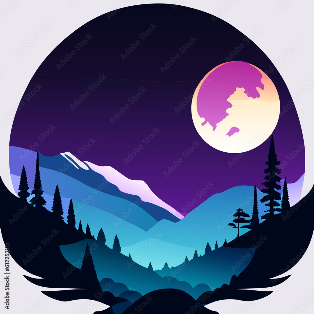 silhouette of the moon and mountains