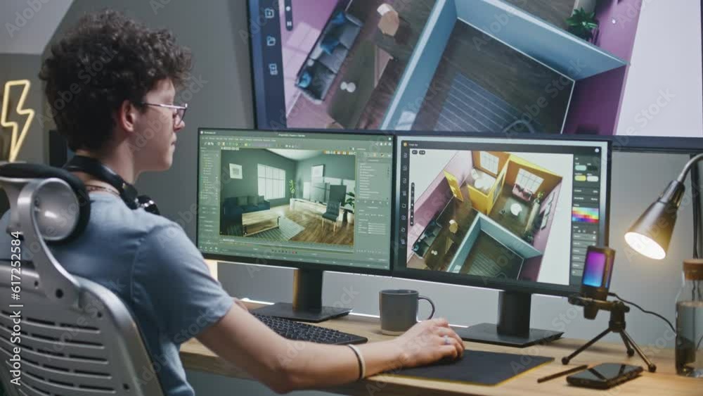 Young 3D designer creates modern house interior design, works remotely on project at home office on computer and big digital screen with professional software interface and tools for 3D modeling.