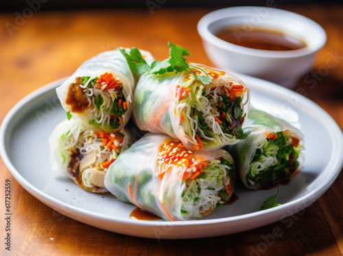 Vegan rice paper rolls with vegetables and sesame seeds