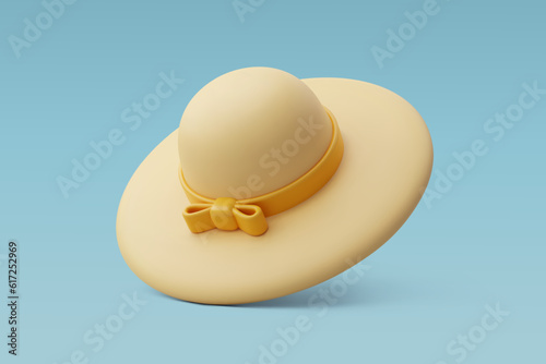 3d Vector Beige Woman Hat with Yellow Ribbon, Holiday Vacation, Time to Travel concept.