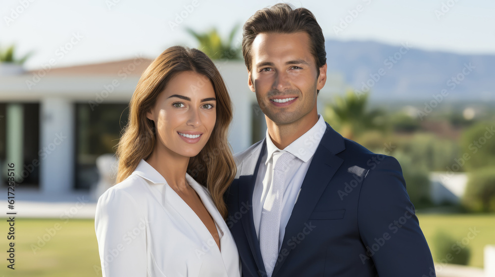 Pair of real estate agents, showcasing a luxurious villa in the background. Generative AI Pair of real estate agents, showcasing a luxurious villa in the background. Generative AI