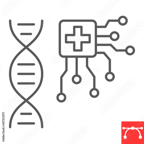 AI healthcare line icon, technology and artificial intelligence, disease dna vector icon, vector graphics, editable stroke outline sign, eps 10.