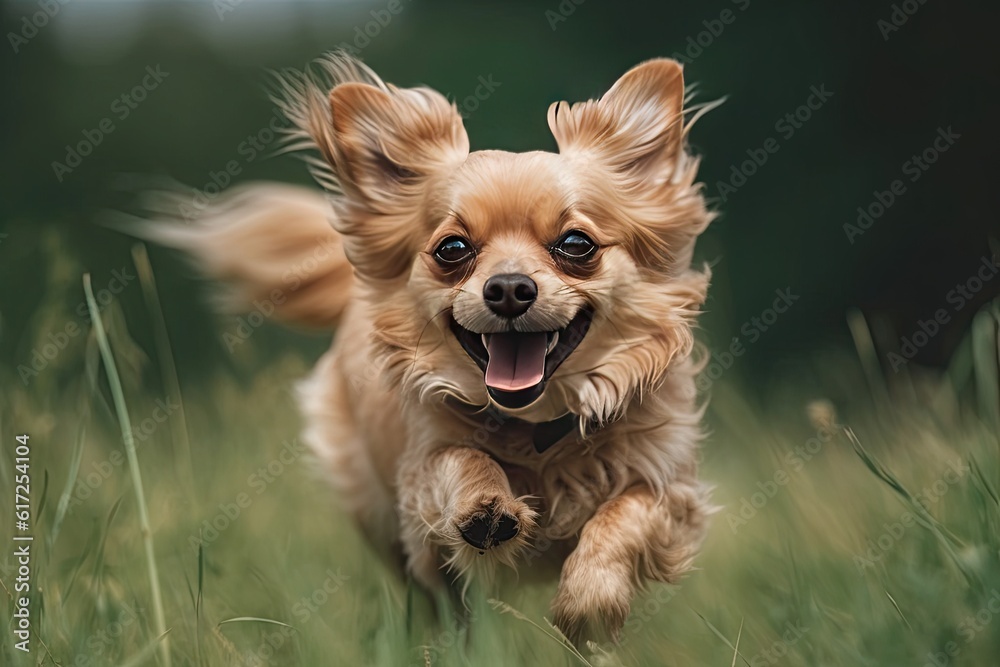 Happy Dog Running in a Meadow - Close Up Shot of a Cute and Playful Pet Enjoying the Outdoors Happy Dog Running in a Meadow - Close Up Shot of a Cute and Playful Pet Enjoying the Outdoors