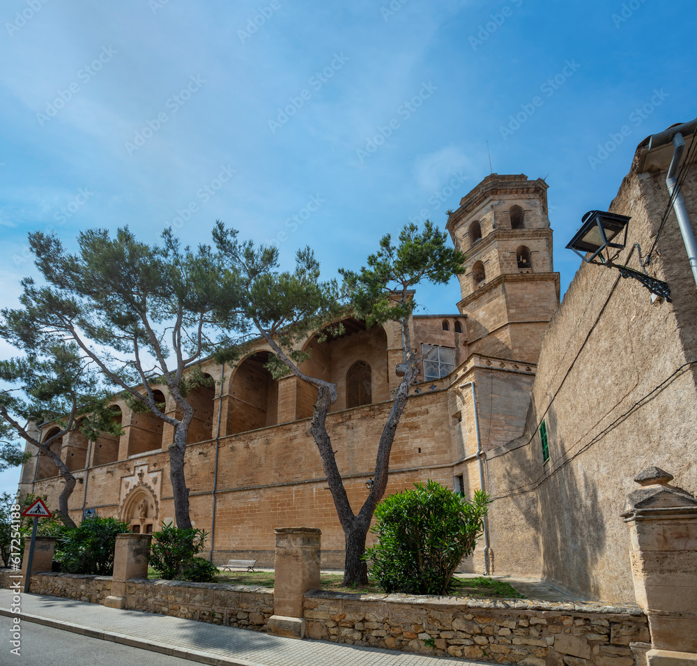 Old historic church of Sant Pere (Parroquia de Sant Pere), one of the biggest churches of Mallorca is located in the small villige of Petra. Mallorca. Balearic Islands Spain.