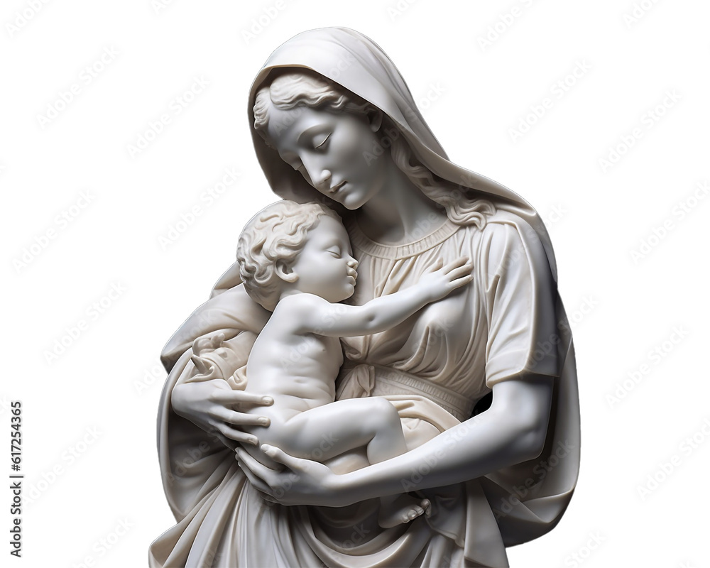 St. Madonna cradling the child Jesus in her arms, marble statue, png. Ai generate.	