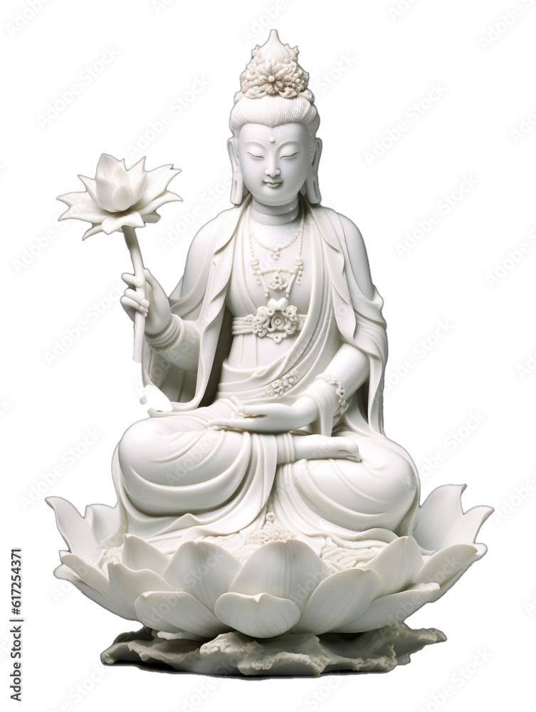 Guan yin marble statue on isolated white background, ai generate.

