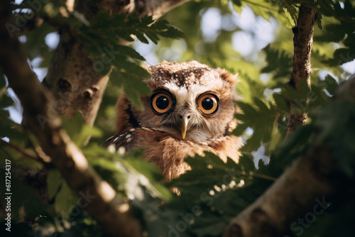 A small owl peeks out of the branches - Generative AI © lilyl