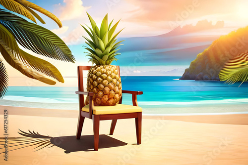 Summer beach concept, with a chair and pineapple