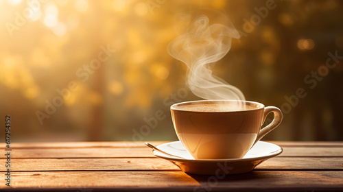 A cup of freshly brewed coffee steaming in the soft morning light, a moment of tranquility captured against a calm beige background. Generative AI