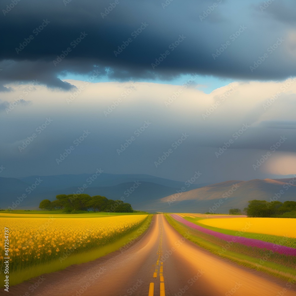 road in the field with clouds generative Al