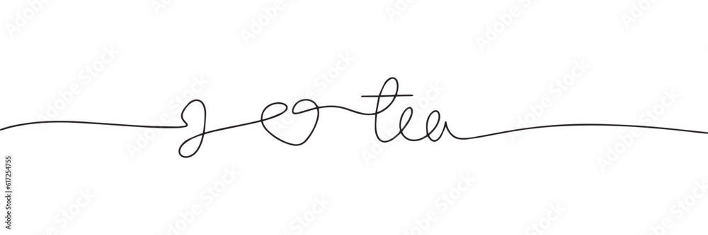 I love tea. One line continuous text about tea. Heart symbol hand drawn, calligraphy. Vector illustration.