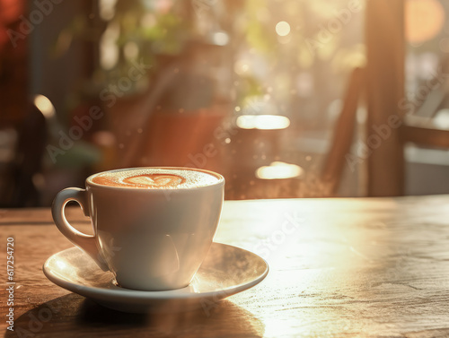 Cup of coffee on table in cafe  morning light  warm and romantic atmosphere. Generative AI