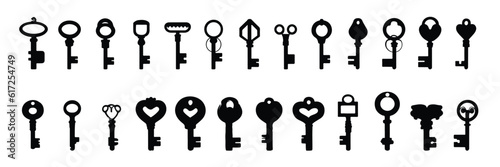 Big collection of silhouette of keys.
Vintage modern keys, decorative old keys. Vector illustraiton.