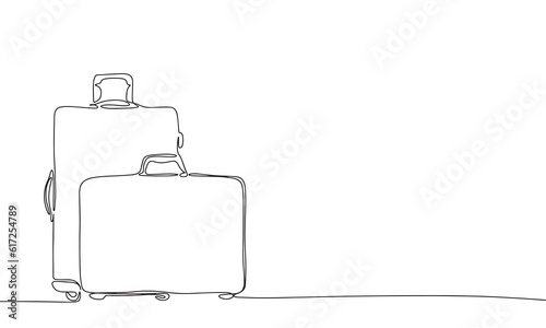 Two suitcases in continuous line art drawing style. Silhouette of a pair of suitcases, travel concept. Black linear sketch isolated on white background. Vector illustration