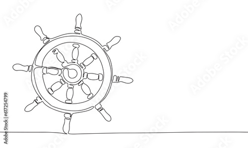 Ship steering in continuous line art drawing style. Silhouette of ship wheel steering. Black linear sketch isolated on white background. Vector illustration