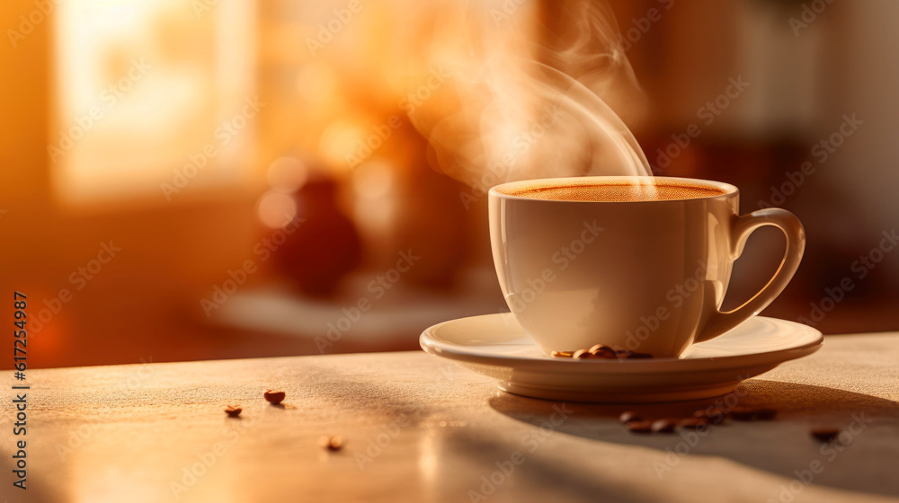 A cup of freshly brewed coffee steaming in the soft morning light, a moment of tranquility captured against a calm beige background. Generative AI A cup of freshly brewed coffee steaming in the soft morning light, a moment of tranquility captured against a calm beige background. Generative AI