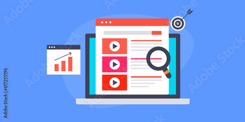 List on video content on video search engine page, Video optimization, social media video promotion increases views and engagement, data analytics on dashboard. Web banner vector illustration.