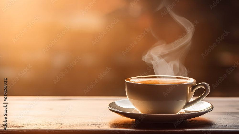A cup of freshly brewed coffee steaming in the soft morning light, a moment of tranquility captured against a calm beige background. Generative AI A cup of freshly brewed coffee steaming in the soft morning light, a moment of tranquility captured against a calm beige background. Generative AI