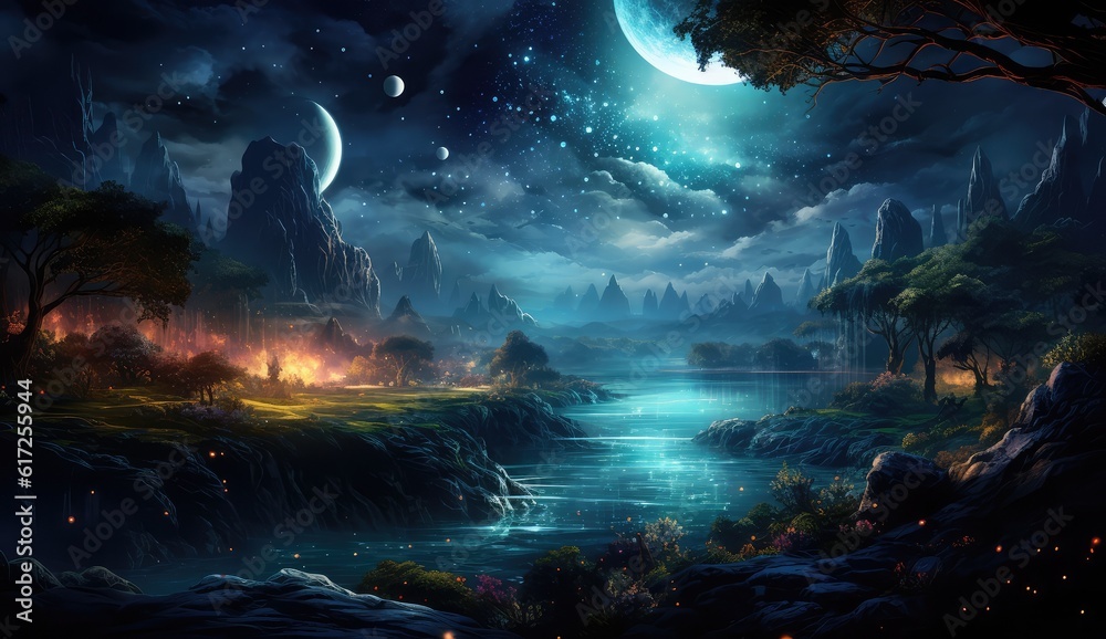Dreamscapes the night. Star nebulae, month and moon, mountains, fog. Unreal fantasy world.