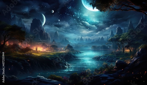 Dreamscapes the night. Star nebulae, month and moon, mountains, fog. Unreal fantasy world. photo