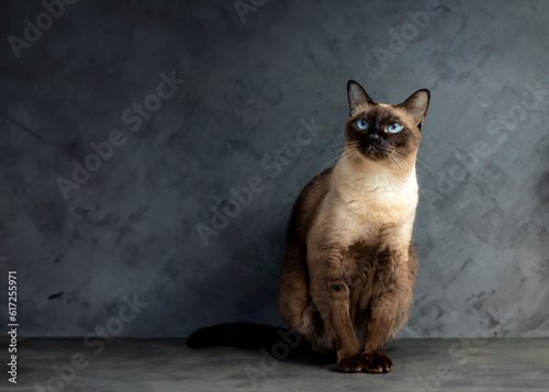 Siamese cat with blue eyes sitting on cement floor with black background. Blue diamond cat sitting in the studio.Thai cat looking something.