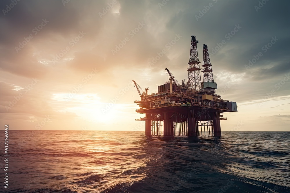 Offshore exploration and oil industry, illuminated by sunset and sunrise. Drilling rig, Symbol of industrial technology and energy of the fuel. Production business on the ocean