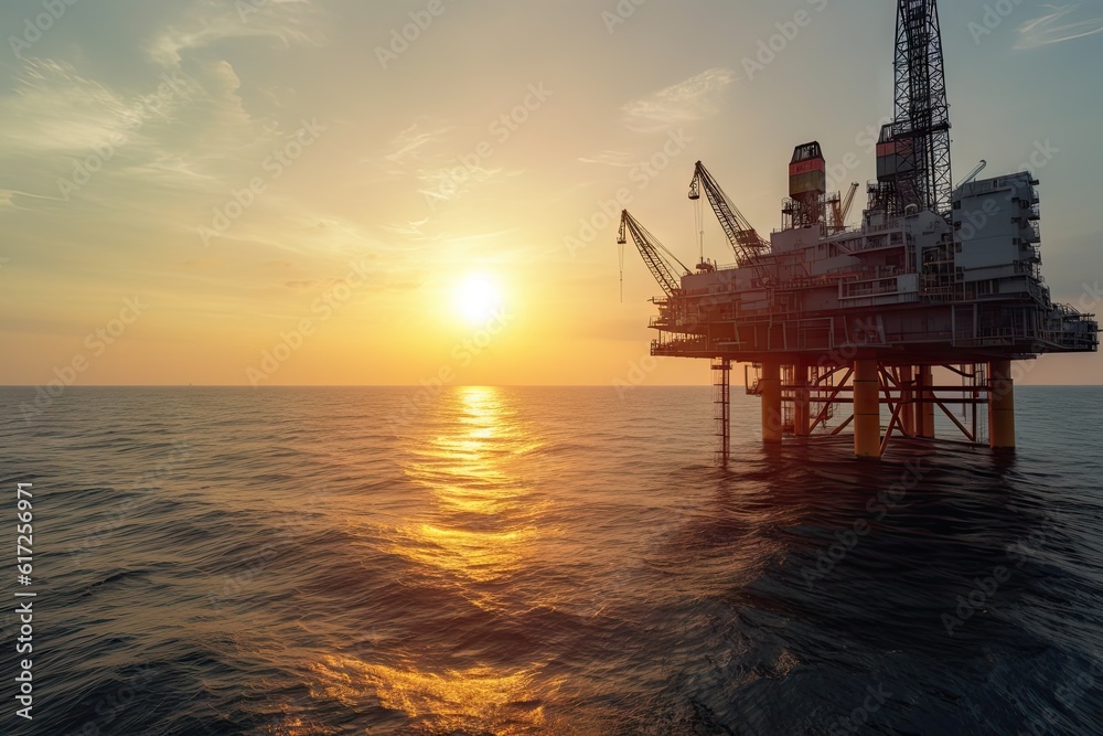 Offshore exploration and oil industry, illuminated by sunset and sunrise. Drilling rig, Symbol of industrial technology and energy of the fuel. Production business on the ocean