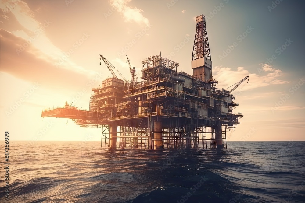 Offshore exploration and oil industry, illuminated by sunset and sunrise. Drilling rig, Symbol of industrial technology and energy of the fuel. Production business on the ocean